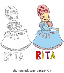 the simple drawing cartoon and with color of the image for coloring of children with different names in the compatibility with the character