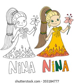the simple drawing cartoon and with color of the image for coloring of children with different names in the compatibility with the character