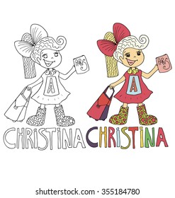 the simple drawing cartoon and with color of the image for coloring of children with different names in the compatibility with the character