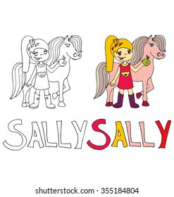 the simple drawing cartoon and with color of the image for coloring of children with different names in the compatibility with the character
