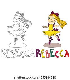 the simple drawing cartoon and with color of the image for coloring of children with different names in the compatibility with the character
