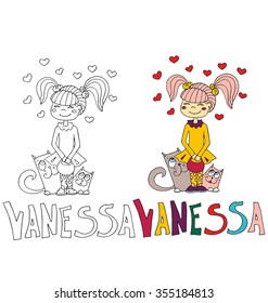 the simple drawing cartoon and with color of the image for coloring of children with different names in the compatibility with the character