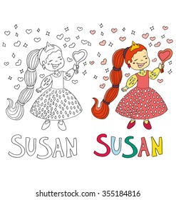 the simple drawing cartoon and with color of the image for coloring of children with different names in the compatibility with the character