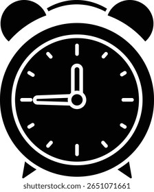 A simple drawing of a classic alarm clock.  Represents time, scheduling, and punctuality vector icon solid style.
