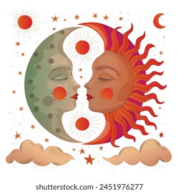 simple drawing for the cover of a children's book depicting the fabulous Slavic sun and moon