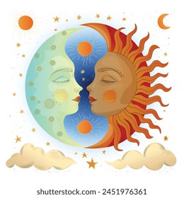 simple drawing for the cover of a children's book depicting the fabulous Slavic sun and moon