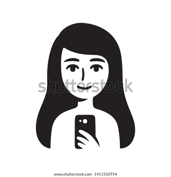 Simple Drawing Cute Girl Taking Selfie Stock Vektorgrafik