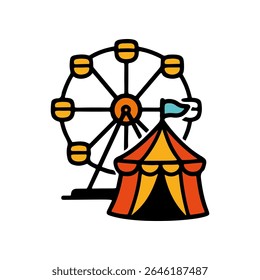 Um desenho simples representa um parque de diversões. Uma roda-gigante se senta ao lado de uma tenda com uma bandeira azul. É um ícone de vetor estilo cartum, perfeito para projetos de design