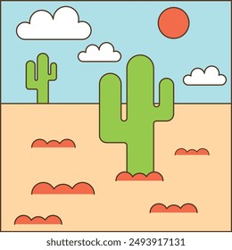 Simple drawing of a desert landscape with sand, cacti, sun and clouds in the sky