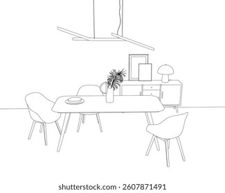 A simple drawing of a dining room with a table and chairs. The table is set with a plate and a vase of flowers. The chairs are arranged around the table, and there is a lamp on the table