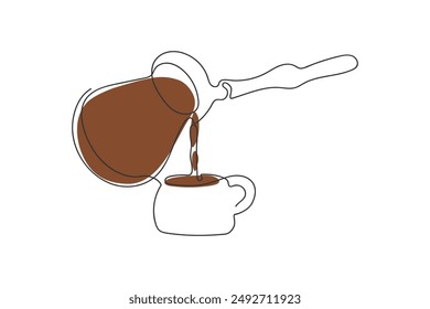 a simple drawing drawn with one solid line of a Turk from which coffee is poured and a cup of coffee on a white background. doodle