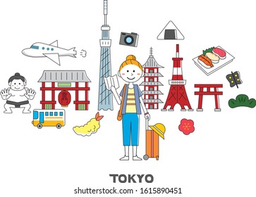 Simple drawing of famous places in Tokyo, Japan