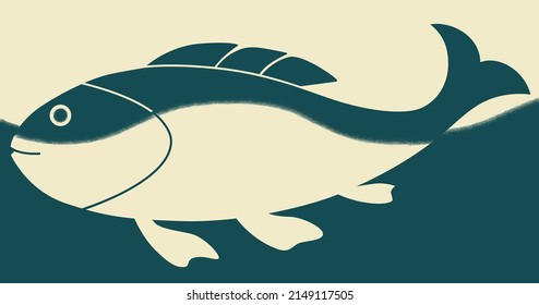 Un simple dibujo de un pez nadando en las olas