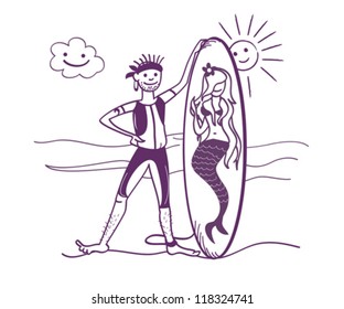 Simple drawing of funny surfer character.