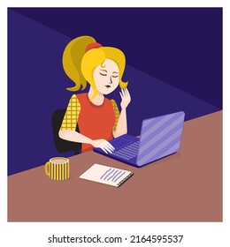 A simple drawing of a girl with blonde hair in a plaid shirt and red waistcoat working on a computer against a dark blue background. Programmer. Education.