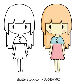 Simple drawing girl image with different characters, clothing, hair.Coloring book. 