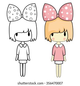 Simple drawing girl image with different characters, clothing, hair.Coloring book. 