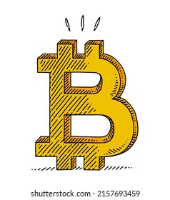 Simple drawing of golden bitcoin symbol on white background