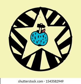 Simple drawing of hammer stuck in a fruit on stellar path, in abstract art manner.