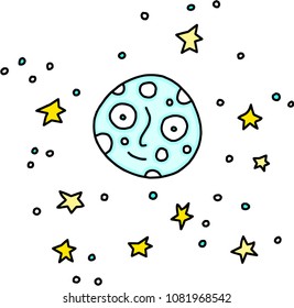 Simple Drawing of Happy Smiling Moon and Stars