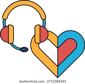 A simple drawing of a heart with a headset on top of it. The drawing is in black and white and has a minimalist style