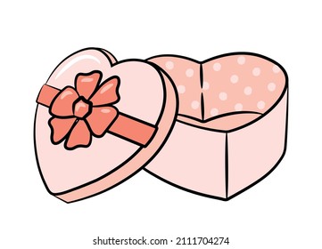 A simple drawing of a heart shaped gift box with a bow. Empty open box. Cute pink wrapper on a white background.