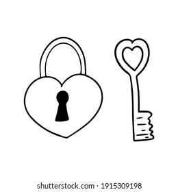 Sencillo dibujo de la llave y la cerradura con forma de corazón. Estilo de contorno de Doodle. Vector