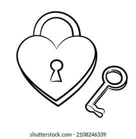 Un simple dibujo de un candado en forma de corazón con un agujero y una antigua llave redonda. Esbozo negro aislado en fondo blanco.