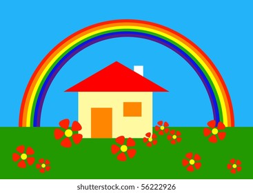 Simple drawing of home under rainbow