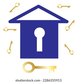 a simple drawing house and keyhole   golden keys white background  The concept new housing  keychain 