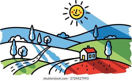Un dibujo simple de una casa en una colina roja con una carretera, árboles y colinas verdes ondulantes bajo un sol brillante