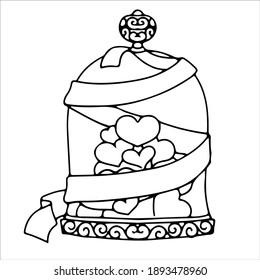 simple drawing of a jar or container with hearts inside for coloring. Elemet from the doodle style set. romance, spring or valentine's day. vector illustration isolated on white background