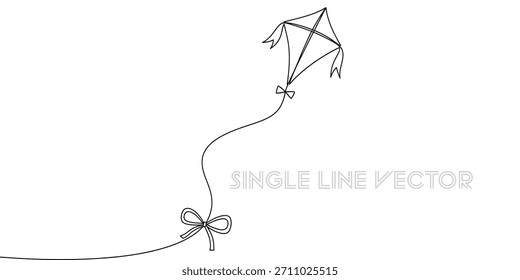 Un dibujo simple de una cometa volando, hecho con una línea limpia y continua. Muestra una cometa conectada por una cuerda a un arco decorativo, perfecto para un diseño lúdico o temas de la infancia.