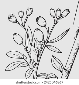 simple drawing lines of a realistic flower perched on branch flower