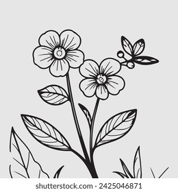 simple drawing lines of a realistic flower perched on branch flower