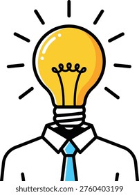 A simple drawing of a man with a glowing lightbulb for a head, wearing a white shirt and blue tie