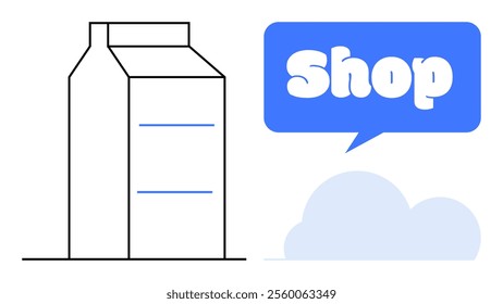 Simple drawing of a milk carton beside a blue speech bubble that says Shop above a light blue cloud. Ideal for food advertising, grocery marketing, health promotions, online stores, and nutrition