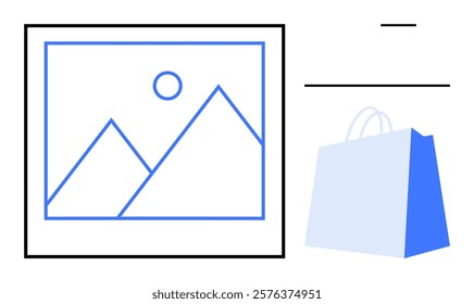 Simple drawing of mountains with sun in rectangular frame and a shopping bag with S symbol on upper right side. Ideal for travel, shopping, minimalism art, branding, web design