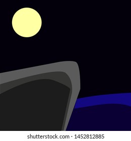 Simple drawing of a night sky cliff and the sea. Vector graphics.