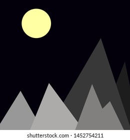 Simple drawing of the night sky and mountains. Mountains and sky in shades of gray. Vector graphics.
