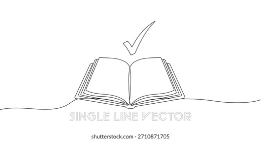 A simple drawing of an open book with a check mark floating above it. This artwork uses a single continuous line to show ideas of learning, study, success, and completing tasks.