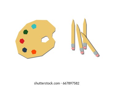 Simple drawing and painting flat icons. Artists palette and pencils illustrations.