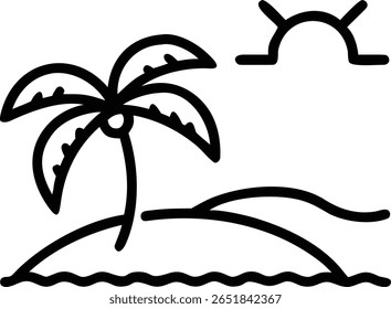 A simple drawing of a palm tree on an island with the sun in the background, evoking a tropical paradise