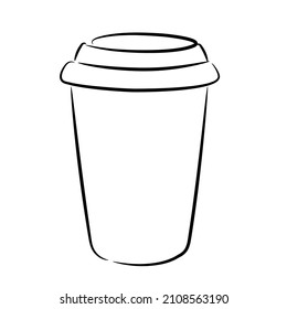 A simple drawing of a paper cup for hot drinks. Black outline isolated on white background.