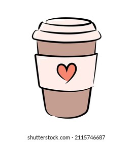 A simple drawing of a paper cup for hot drinks. Colorful glass with a heart isolated on a white background.