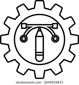 Um desenho simples de um lápis com uma ponta vermelha e um círculo vermelho em torno dele. O lápis é desenhando uma linha sobre um círculo, simbolizando o processo criativo de trazer ideias à vida