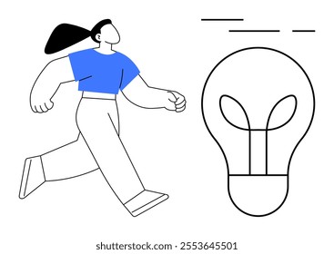 Simple drawing of a person with black hair and blue shirt walking towards a large, outlined light bulb. Ideal for creativity, innovation, thinking, progress, motivation themes. Line art style