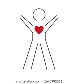 Simple drawing of a person with outstretched arms and a big red heart. Kindness, empathy, universal love concept. 