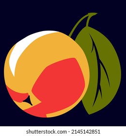 A simple drawing of a ripe apple with a green leaf on a twig lies on its side