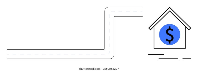 Simple drawing of a road leading to a house with a dollar sign. Ideal for financial planning, investment strategies, mortgage advice, real estate development, and economic growth topics. Minimalist
